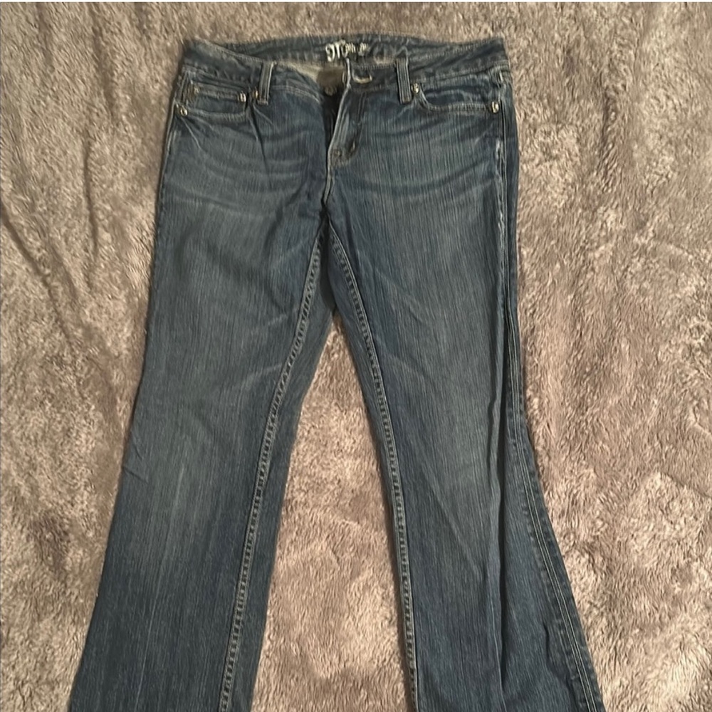 Miss Me Fleur De Lis Embellished Bootcut Distressed Jeans